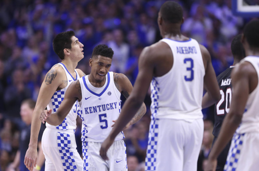 Jan 21, 2017; Lexington, KY, USA; Kentucky Wildcats guard Malik Monk (5) celebrates with forward Edrice Bam Adebayo (3) during the game against the South Carolina Gamecocks in the second half at Rupp Arena. Kentucky defeated South Carolina 85-69. Mandatory Credit: Mark Zerof-USA TODAY Sports