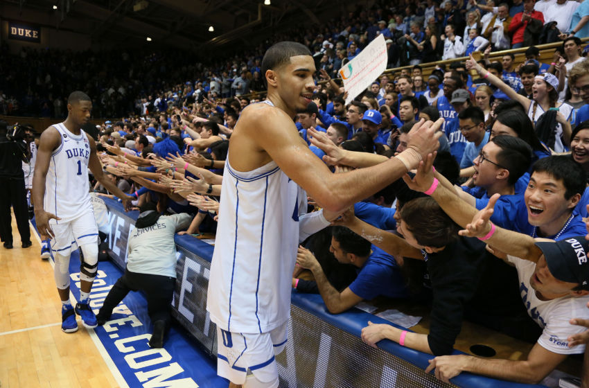 Jan 21, 2017; Durham, NC, USA; Duke Blue Devils forward Jayson Tatum (0) greets the Cameron Crazies after their 70-58 win over the Miami (Fl) Hurricanes at Cameron Indoor Stadium. Mandatory Credit: Mark Dolejs-USA TODAY Sports