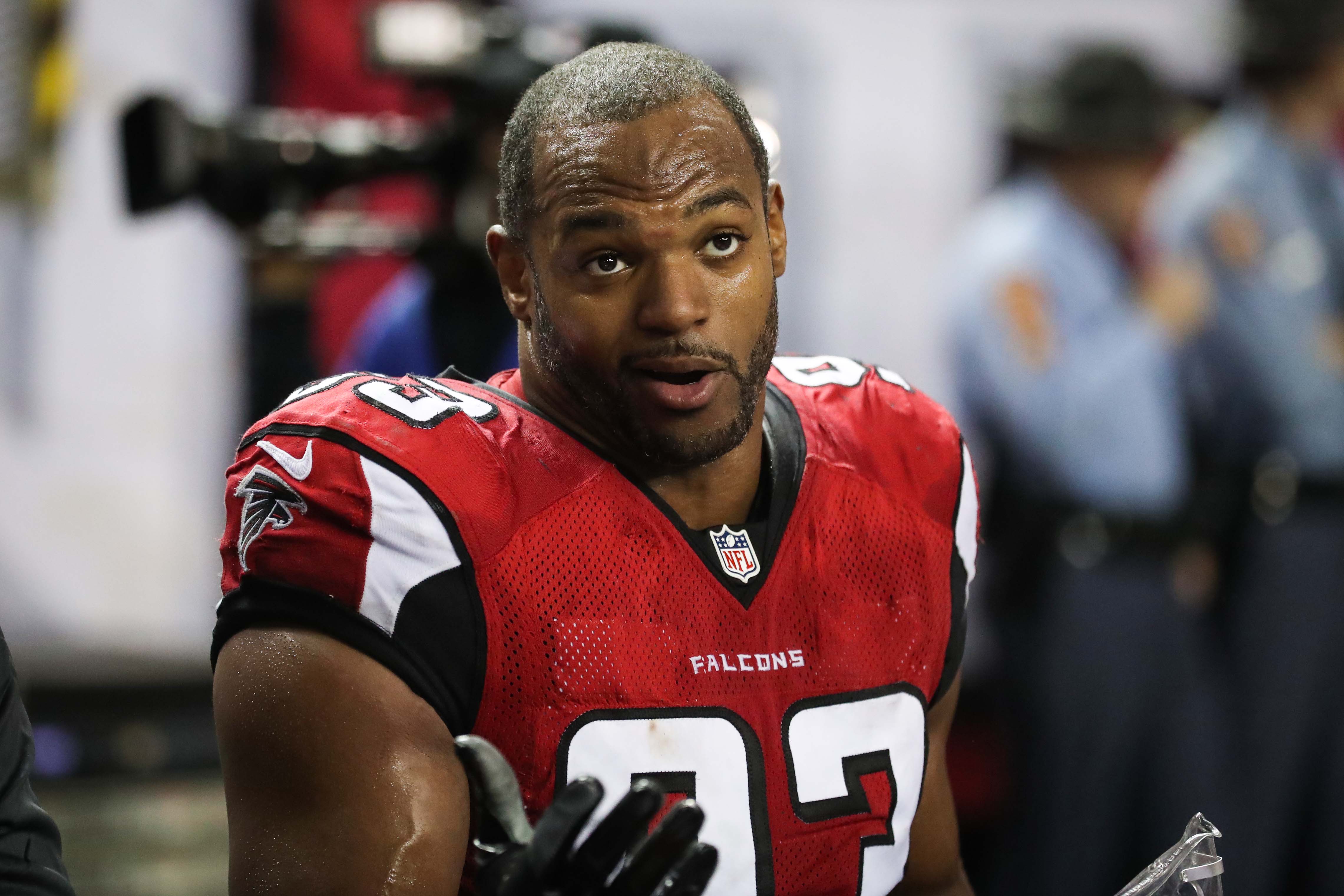 Jan 22, 2017; Atlanta, GA, USA; Atlanta Falcons defensive end Dwight Freeney (93) looks on during the third quarter against the Green Bay Packers in the 2017 NFC Championship Game at the Georgia Dome. Mandatory Credit: Jason Getz-USA TODAY Sports