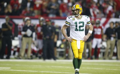 Jan 22, 2017; Atlanta, GA, USA; Green Bay Packers quarterback Aaron Rodgers (12) reacts during the fourth quarter against the Atlanta Falcons in the 2017 NFC Championship Game at the Georgia Dome. Mandatory Credit: Brett Davis-USA TODAY Sports