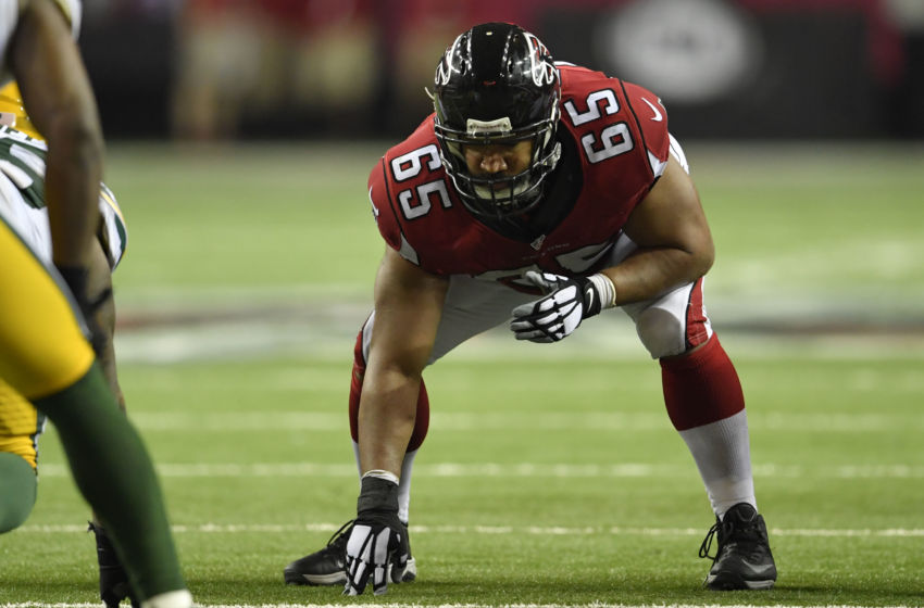 Jan 22, 2017; Atlanta, GA, USA; Atlanta Falcons offensive guard Chris Chester (65) at the line of scrimmage during the fourth quarter against the Green Bay Packers in the 2017 NFC Championship Game at the Georgia Dome. Mandatory Credit: Dale Zanine-USA TODAY Sports