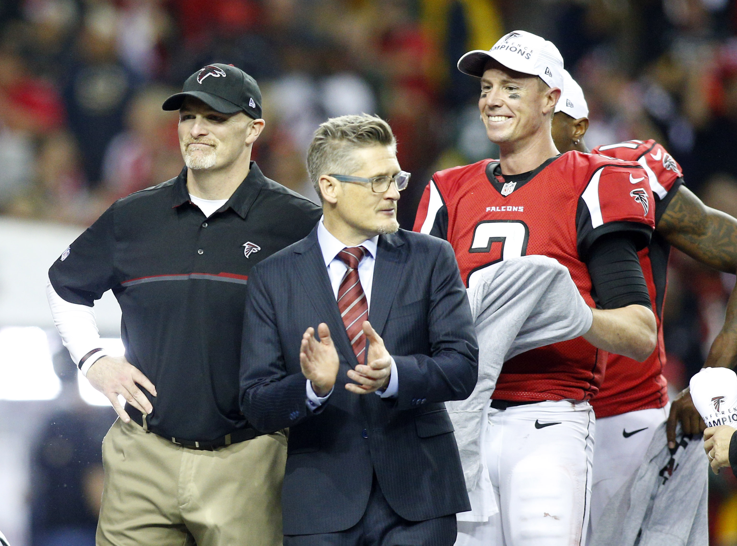 Jan 22, 2017; Atlanta, GA, USA; TV analyst Terry Bradshaw interviews Atlanta Falcons wide receiver Julio Jones (11) after the game against the Green Bay Packers in the 2017 NFC Championship Game at the Georgia Dome. Atlanta defeated Green Bay 44-21. Mandatory Credit: Dale Zanine-USA TODAY Sports
