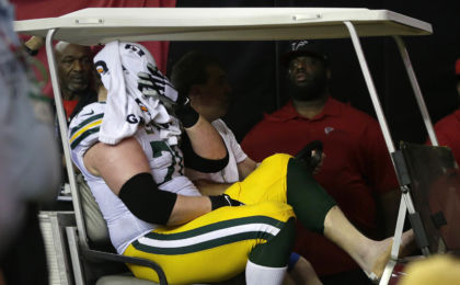 Jan 22, 2017; Atlanta, GA, USA; Green Bay Packers guard T.J. Lang (70) is carted off the field in the 2017 NFC Championship Game against the Atlanta Falcons at the Georgia Dome. Rick Wood/Milwaukee Journal Sentinel via USA TODAY NETWORK