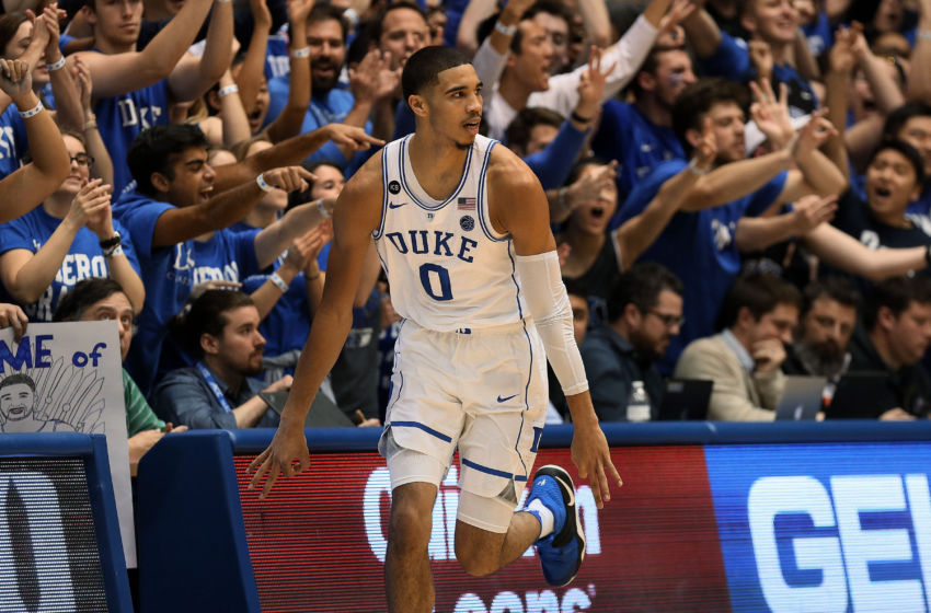 Jan 23, 2017; Durham, NC, USA; Duke Blue Devils forward Jayson Tatum (0) reacts after making a three point shot against the North Carolina State Wolfpack in the first half at Cameron Indoor Stadium. Mandatory Credit: Mark Dolejs-USA TODAY Sports