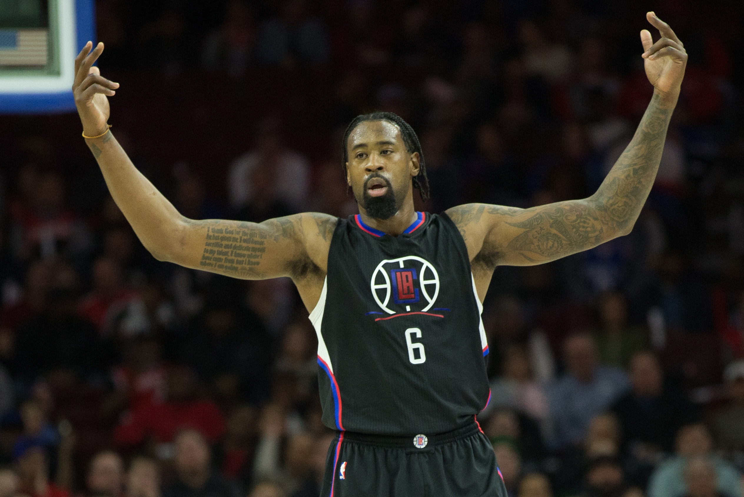 Jan 24, 2017; Philadelphia, PA, USA; LA Clippers center DeAndre Jordan (6) reacts after a score against the Philadelphia 76ers during the first quarter at Wells Fargo Center. Mandatory Credit: Bill Streicher-USA TODAY Sports