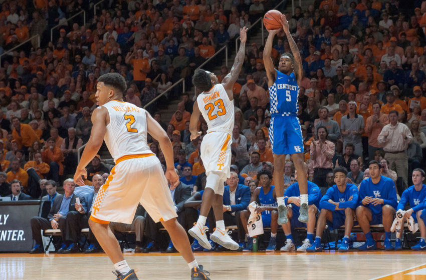 Jan 24, 2017; Knoxville, TN, USA; Kentucky Wildcats guard Malik Monk (5) shoots the ball over Tennessee Volunteers guard Jordan Bowden (23) at Thompson-Boling Arena. Tennessee defeated Kentucky 82-80. Mandatory Credit: Bryan Lynn-USA TODAY Sports