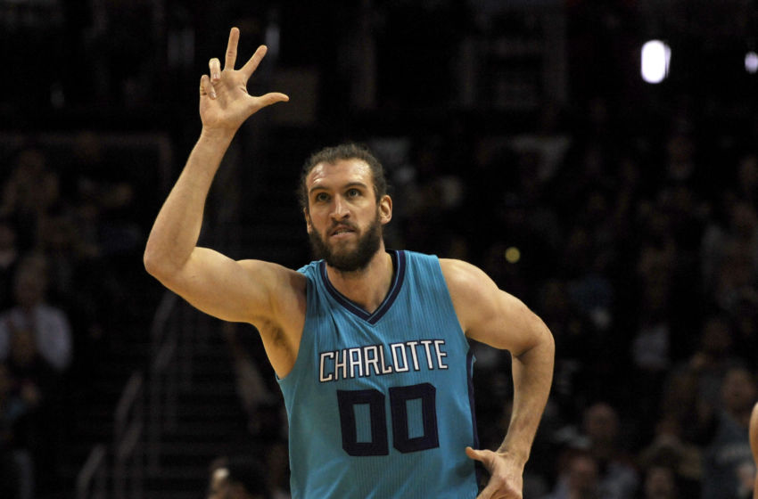 Jan 25, 2017; Charlotte, NC, USA; Charlotte Hornets forward center Spencer Hawes (00) reacts after scoring during the first half of the game against the Golden State Warriors at the Spectrum Center. Mandatory Credit: Sam Sharpe-USA TODAY Sports