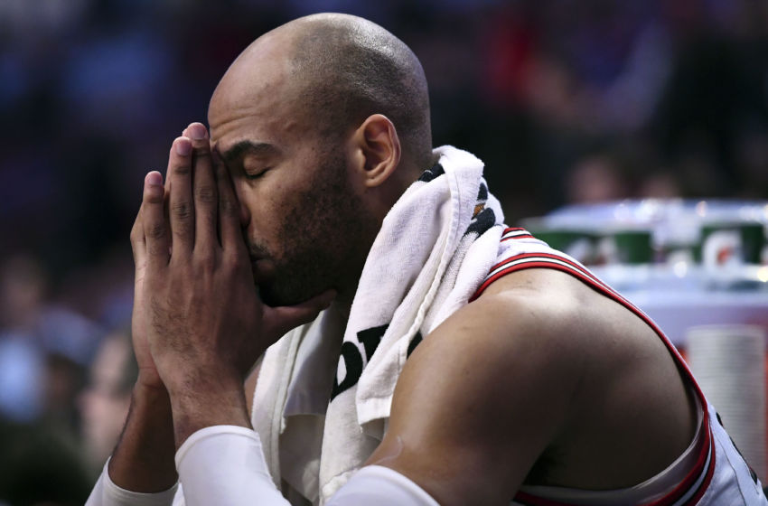 Jan 25, 2017; Chicago, IL, USA; Chicago Bulls forward Taj Gibson (22) reacts during the second half against the Atlanta Hawks at the United Center. Atlanta defeats Chicago 119-114. Mandatory Credit: Mike DiNovo-USA TODAY Sports