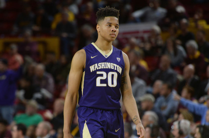 Jan 25, 2017; Tempe, AZ, USA; Washington Huskies guard Markelle Fultz (20) looks on against the Arizona State Sun Devils during the second half at Wells-Fargo Arena. The Sun Devils won 86-75. Mandatory Credit: Joe Camporeale-USA TODAY Sports