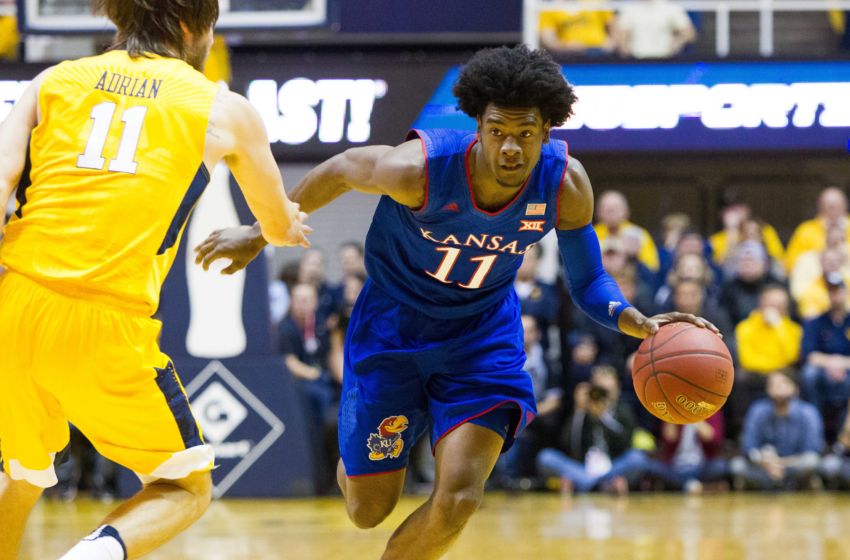 Jan 24, 2017; Morgantown, WV, USA; Kansas Jayhawks guard Josh Jackson (11) drives towards the basket during the first half against the West Virginia Mountaineers at WVU Coliseum. Mandatory Credit: Ben Queen-USA TODAY Sports