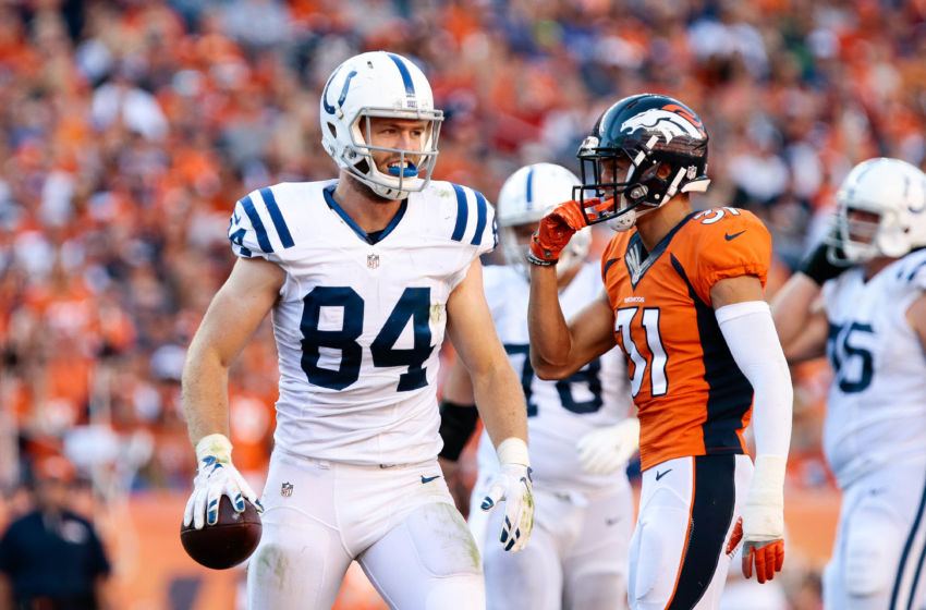 Sep 18, 2016; Denver, CO, USA; Indianapolis Colts tight end Jack Doyle (84) in the fourth quarter against the Denver Broncos at Sports Authority Field at Mile High. Mandatory Credit: Isaiah J. Downing-USA TODAY Sports