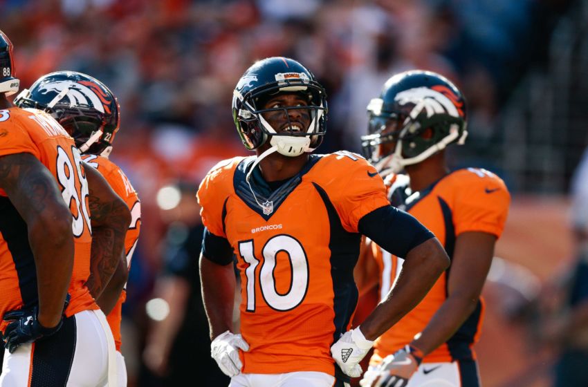 Sep 18, 2016; Denver, CO, USA; Denver Broncos wide receiver Emmanuel Sanders (10) in the third quarter against the Indianapolis Colts at Sports Authority Field at Mile High. Mandatory Credit: Isaiah J. Downing-USA TODAY Sports