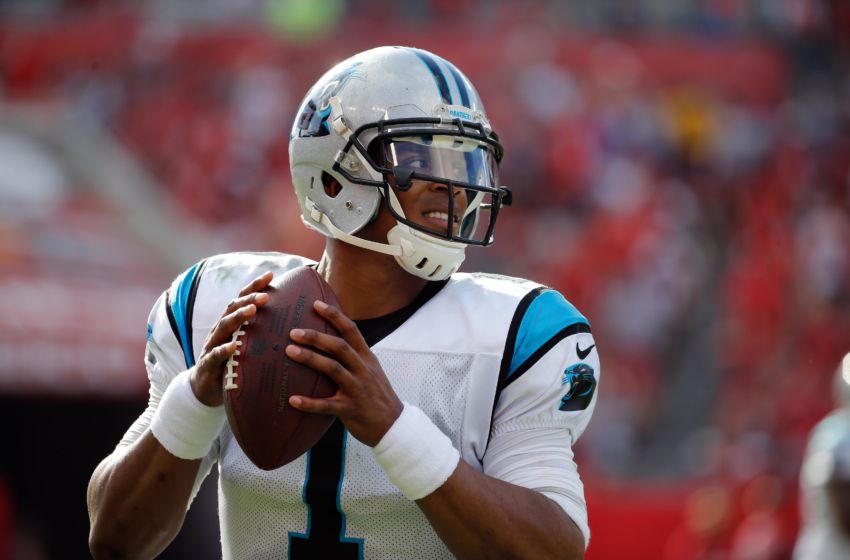 Jan 1, 2017; Tampa, FL, USA; Carolina Panthers quarterback Cam Newton (1) against the Tampa Bay Buccaneers during the second half at Raymond James Stadium. Tampa Bay Buccaneers defeated the Carolina Panthers 17-16. Mandatory Credit: Kim Klement-USA TODAY Sports
