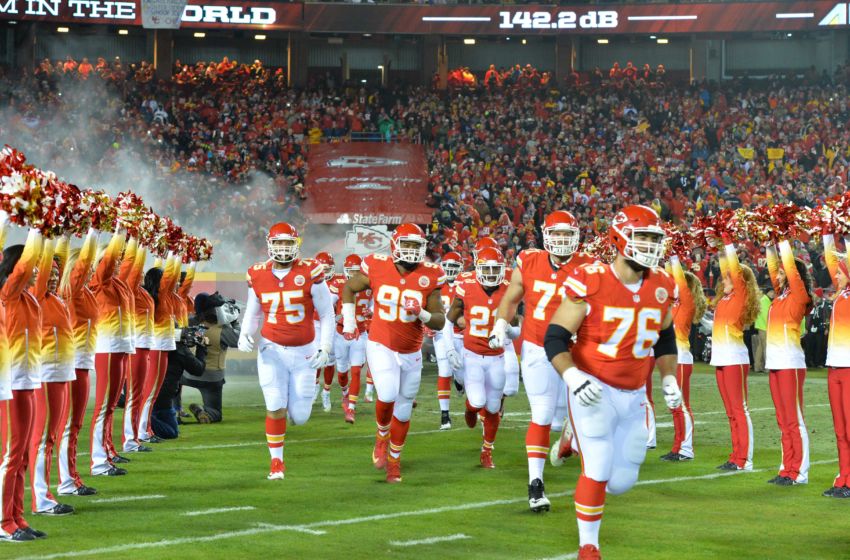 Jan 15, 2017; Kansas City, MO, USA; Kansas City Chiefs players run onto the field prior to the AFC Divisional playoff game against the Pittsburgh Steelers at Arrowhead Stadium. Mandatory Credit: Denny Medley-USA TODAY Sports