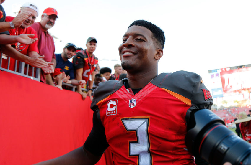 Jan 1, 2017; Tampa, FL, USA; Tampa Bay Buccaneers quarterback Jameis Winston (3) smiles after they beat the Carolina Panthers at Raymond James Stadium. Tampa Bay Buccaneers defeated the Carolina Panthers 17-16. Mandatory Credit: Kim Klement-USA TODAY Sports