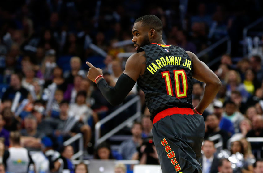 Jan 4, 2017; Orlando, FL, USA; Atlanta Hawks guard Tim Hardaway Jr. (10) points against the Orlando Magic during the second half at Amway Center. Atlanta Hawks defeated the Orlando Magic 111-92. Mandatory Credit: Kim Klement-USA TODAY Sports
