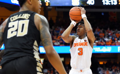 Jan 24, 2017; Syracuse, NY, USA; Syracuse Orange guard Andrew White III (3) shoots the ball against the Wake Forest Demon Deacons during the second half at the Carrier Dome. The Orange won 81-76. Mandatory Credit: Rich Barnes-USA TODAY Sports
