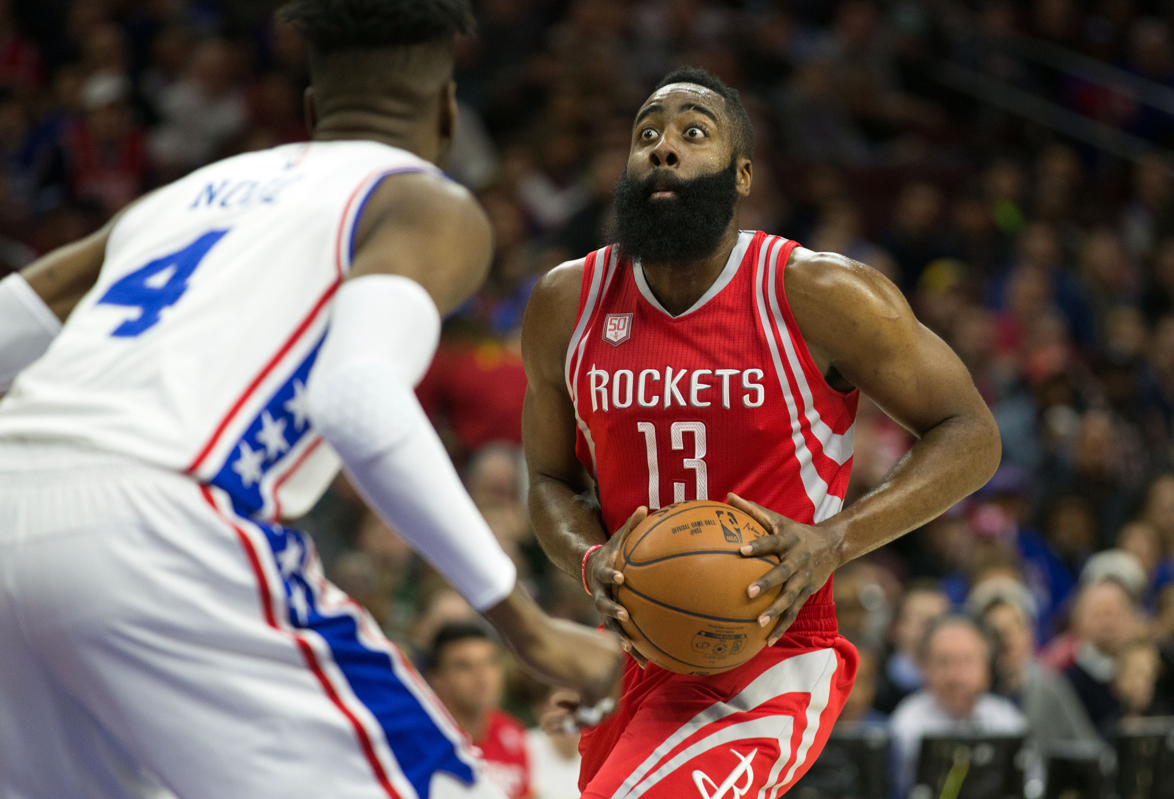 Jan 27, 2017; Philadelphia, PA, USA; Houston Rockets guard James Harden (13) attempts to drive against Philadelphia 76ers forward Nerlens Noel (4) during the first quarter at Wells Fargo Center. Mandatory Credit: Bill Streicher-USA TODAY Sports