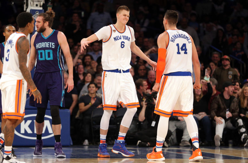 Jan 27, 2017; New York, NY, USA; New York Knicks power forward Kristaps Porzingis (6) celebrates after a dunk against the Charlotte Hornets with New York Knicks center Willy Hernangomez (14) during the second quarter at Madison Square Garden. Mandatory Credit: Brad Penner-USA TODAY Sports