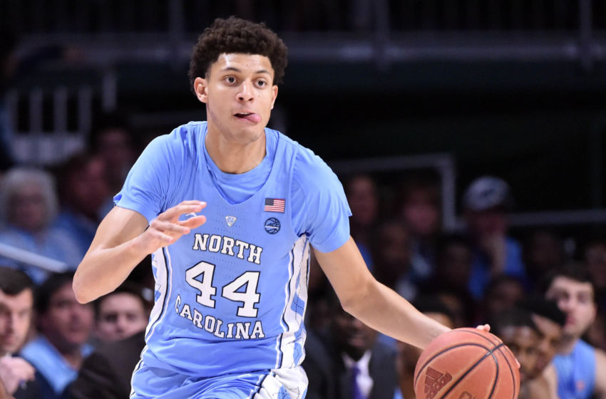 Jan 28, 2017; Coral Gables, FL, USA; North Carolina Tar Heels forward Justin Jackson (44) dribbles the ball up court against the Miami Hurricanes during the first half at Watsco Center. Mandatory Credit: Steve Mitchell-USA TODAY Sports