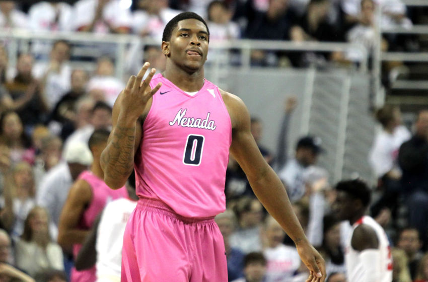 Jan 28, 2017; Reno, NV, USA; Nevada Wolf Pack forward Cameron Oliver (0) holds up three finger is celebration after making a three point shot against New Mexico Lobos in the second half of their NCAA basketball game at Lawlor Events Center. Mandatory Credit: Lance Iversen-USA TODAY Sports