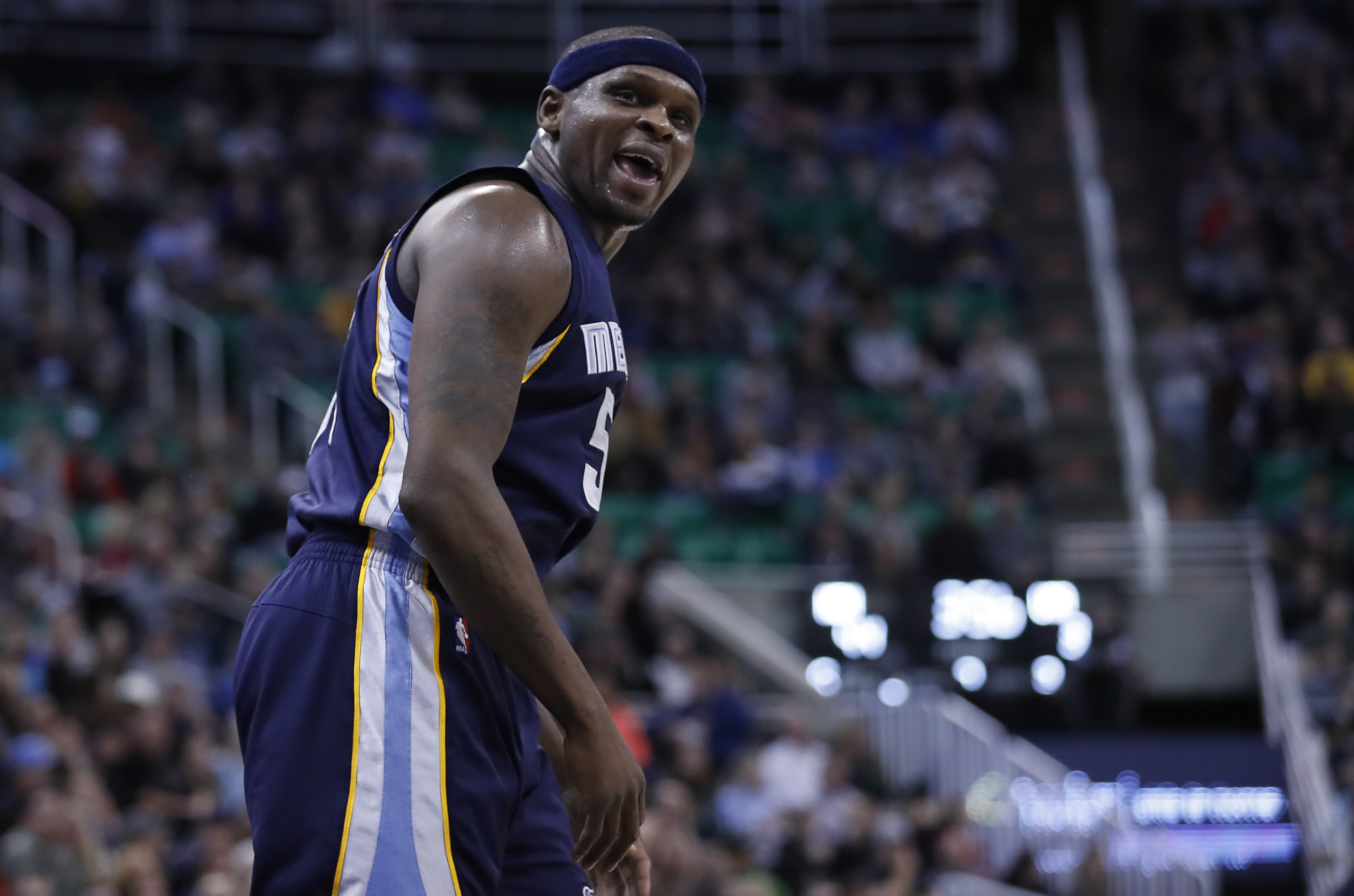 Jan 28, 2017; Salt Lake City, UT, USA; Memphis Grizzlies forward Zach Randolph (50) reacts to a call in the second quarter against the Utah Jazz at Vivint Smart Home Arena. Mandatory Credit: Jeff Swinger-USA TODAY Sports
