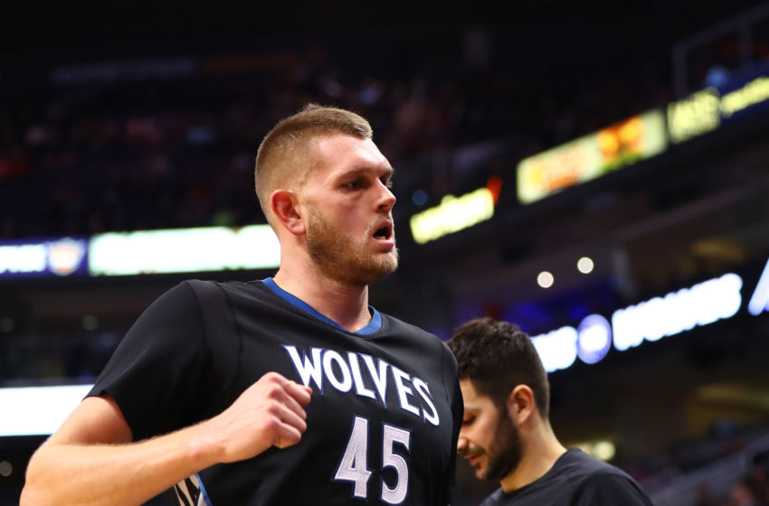 Jan 24, 2017; Phoenix, AZ, USA; Minnesota Timberwolves center Cole Aldrich (45) against the Phoenix Suns at Talking Stick Resort Arena. The Timberwolves defeated the Suns 112-111. Mandatory Credit: Mark J. Rebilas-USA TODAY Sports