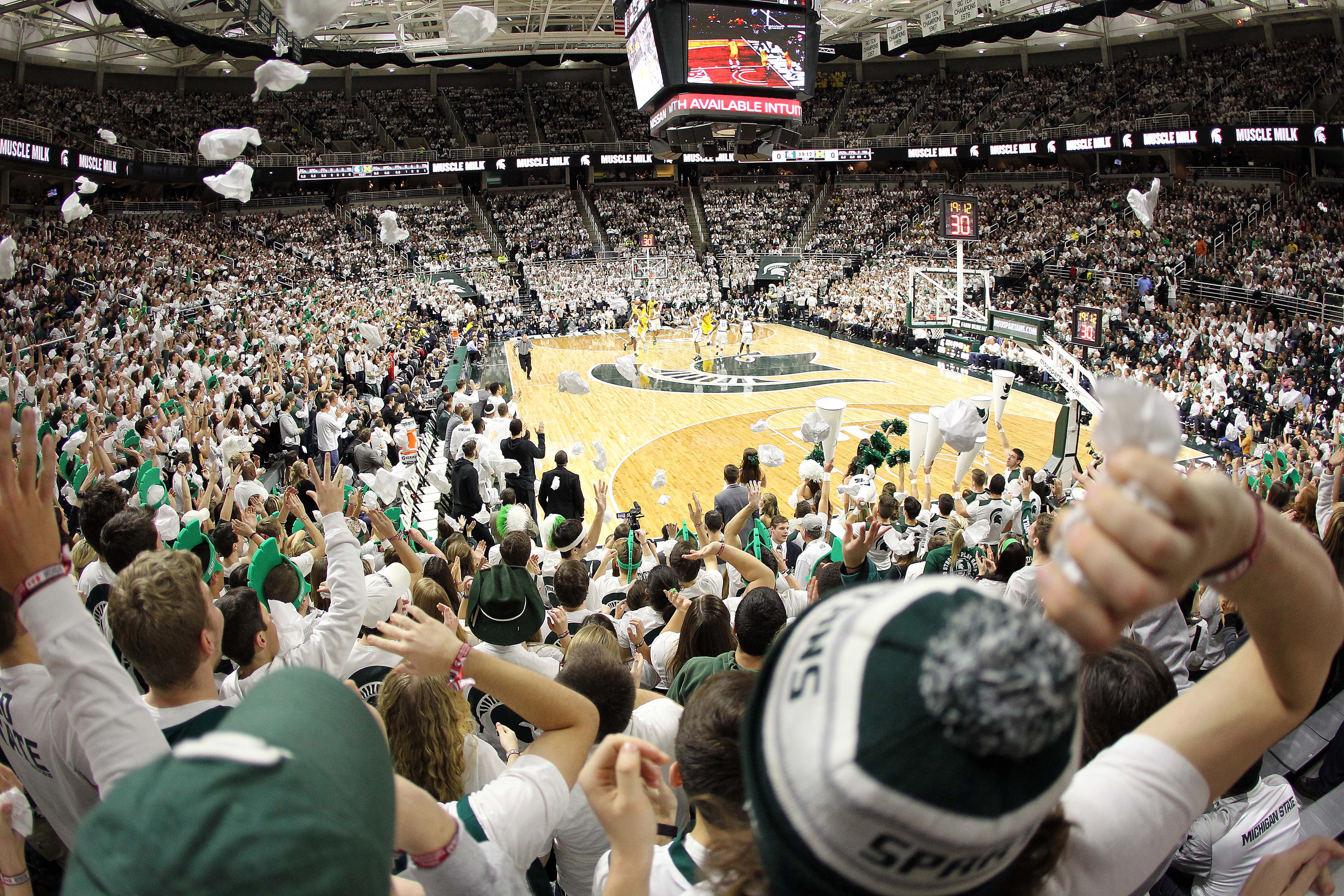 Jan 29, 2017; East Lansing, MI, USA; Michigan State Spartans student section performs during the first half of a game against the Michigan Wolverines at the Jack Breslin Student Events Center. Mandatory Credit: Mike Carter-USA TODAY Sports