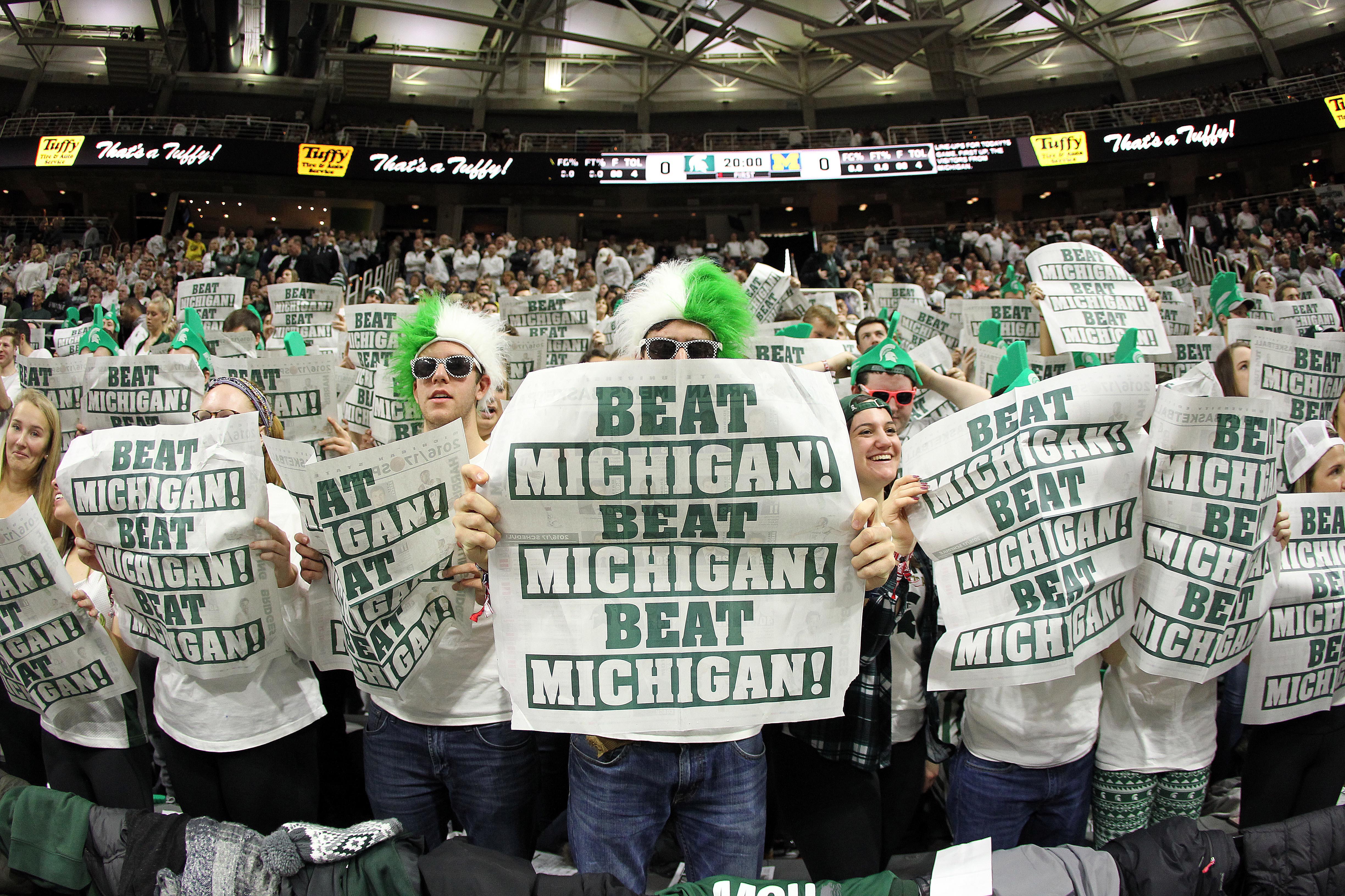 Jan 29, 2017; East Lansing, MI, USA; Michigan State Spartans student section performs during the first half of a game against the Michigan Wolverines at the Jack Breslin Student Events Center. Mandatory Credit: Mike Carter-USA TODAY Sports