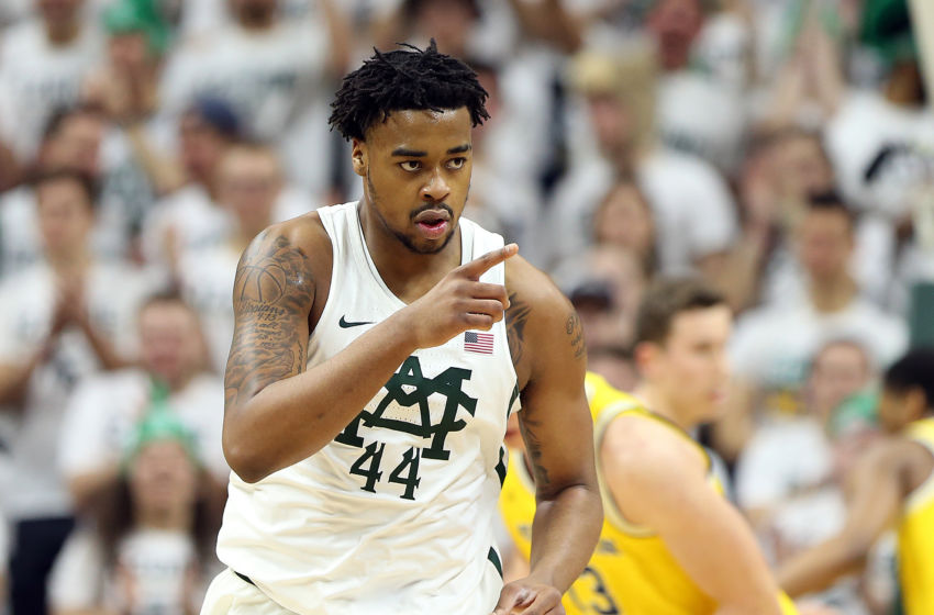 Jan 29, 2017; East Lansing, MI, USA; Michigan State Spartans forward Nick Ward (44) reacts to a play during the first half of a game against the Michigan Wolverines at the Jack Breslin Student Events Center. Mandatory Credit: Mike Carter-USA TODAY Sports