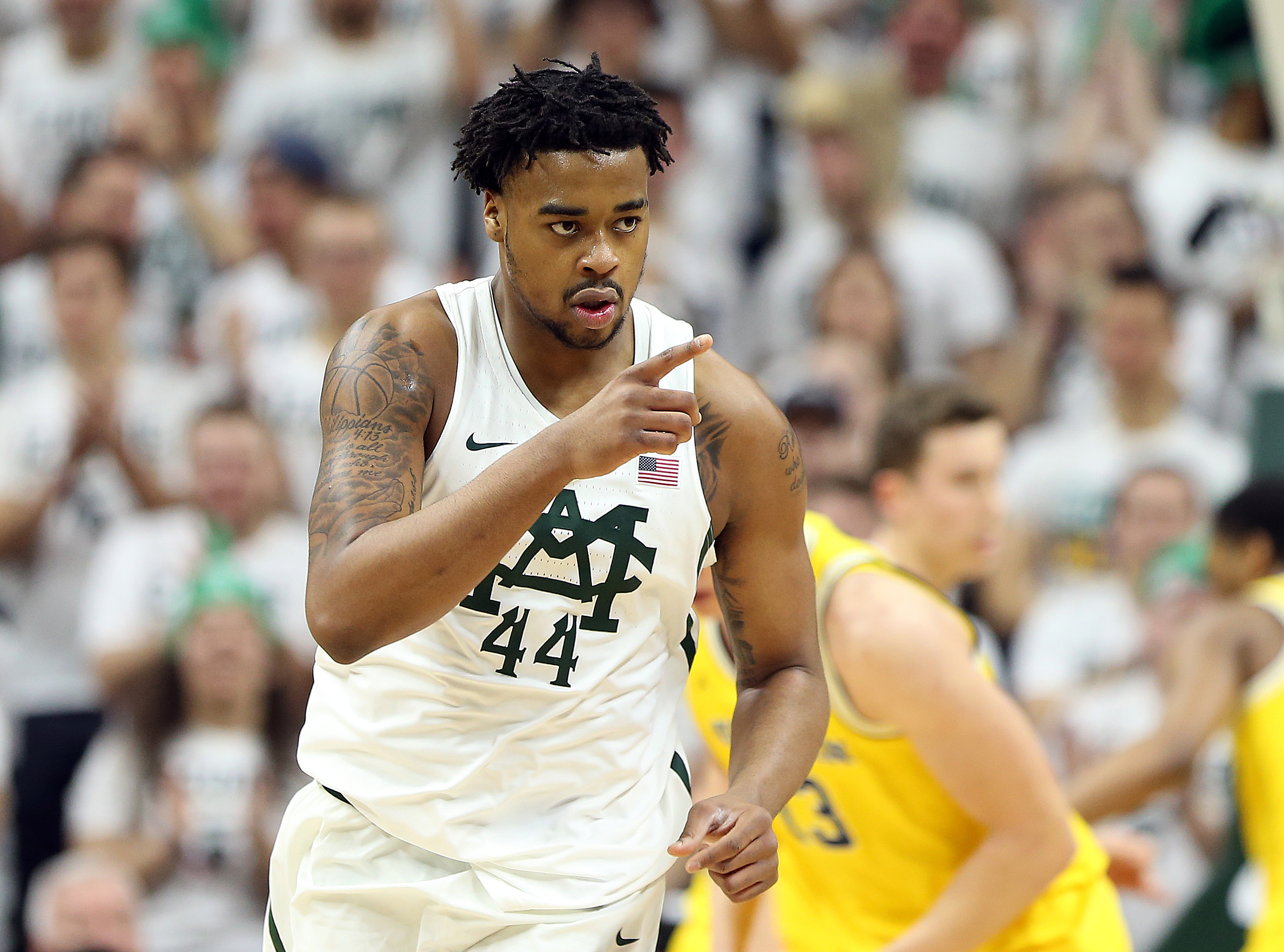 Jan 29, 2017; East Lansing, MI, USA; Michigan State Spartans forward Nick Ward (44) reacts to a play during the first half of a game against the Michigan Wolverines at the Jack Breslin Student Events Center. Mandatory Credit: Mike Carter-USA TODAY Sports