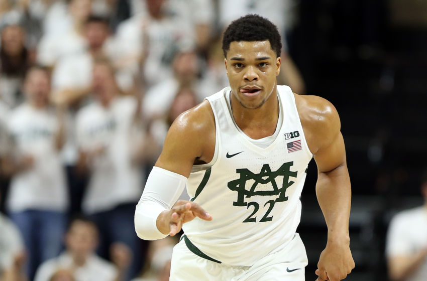 Jan 29, 2017; East Lansing, MI, USA; Michigan State Spartans guard Miles Bridges (22) reacts to a play during the first half of a game against the Michigan Wolverines at the Jack Breslin Student Events Center. Mandatory Credit: Mike Carter-USA TODAY Sports