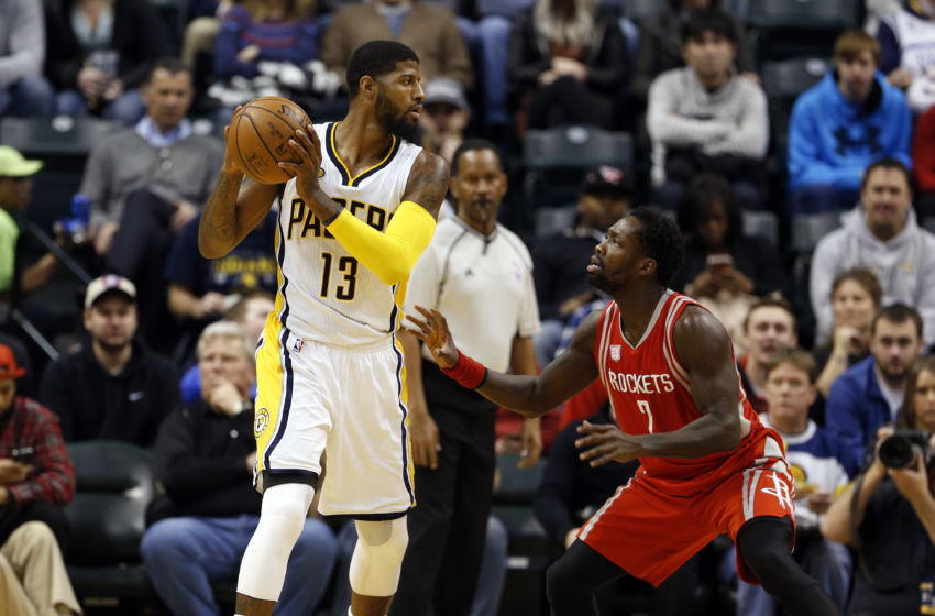 Jan 29, 2017; Indianapolis, IN, USA; Indiana Pacers forward Paul George (13) is guarded by Houston Rockets guard Patrick Beverley (2) at Bankers Life Fieldhouse. Mandatory Credit: Brian Spurlock-USA TODAY Sports