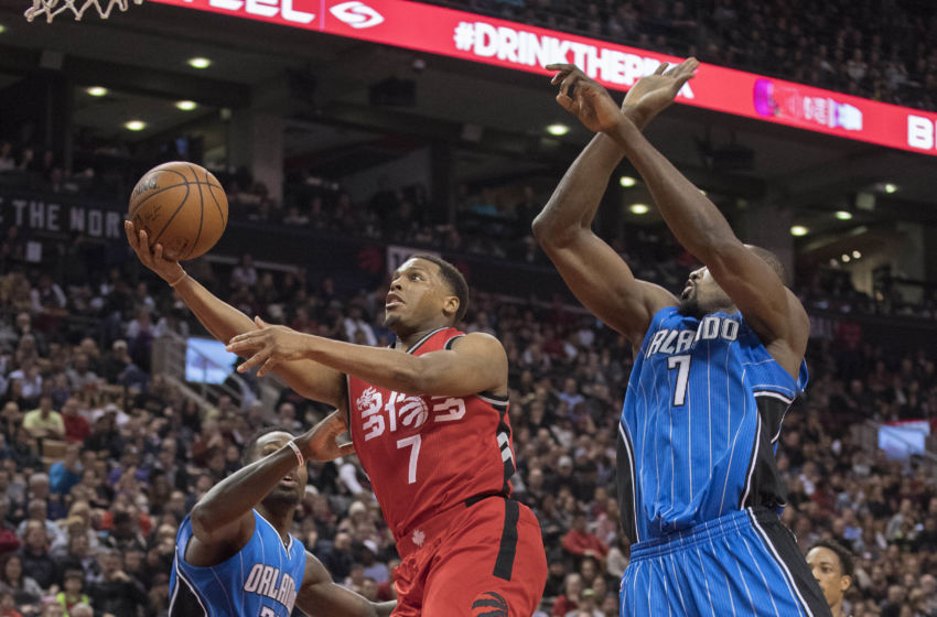 Jan 29, 2017; Toronto, Ontario, CAN; Toronto Raptors guard Kyle Lowry (7) drives to the basket as Orlando Magic forward Serge Ibaka (7) defends during the third quarter at Air Canada Centre. The Orlando Magic won 114-113. Mandatory Credit: Nick Turchiaro-USA TODAY Sports