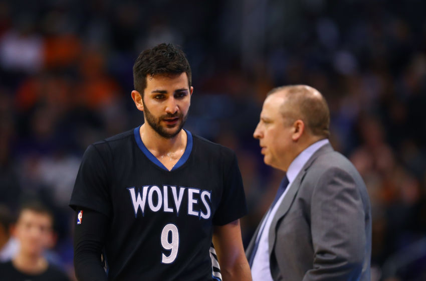 Jan 24, 2017; Phoenix, AZ, USA; Minnesota Timberwolves guard Ricky Rubio (9) and head coach Tom Thibodeau against the Phoenix Suns at Talking Stick Resort Arena. The Timberwolves defeated the Suns 112-111. Mandatory Credit: Mark J. Rebilas-USA TODAY Sports