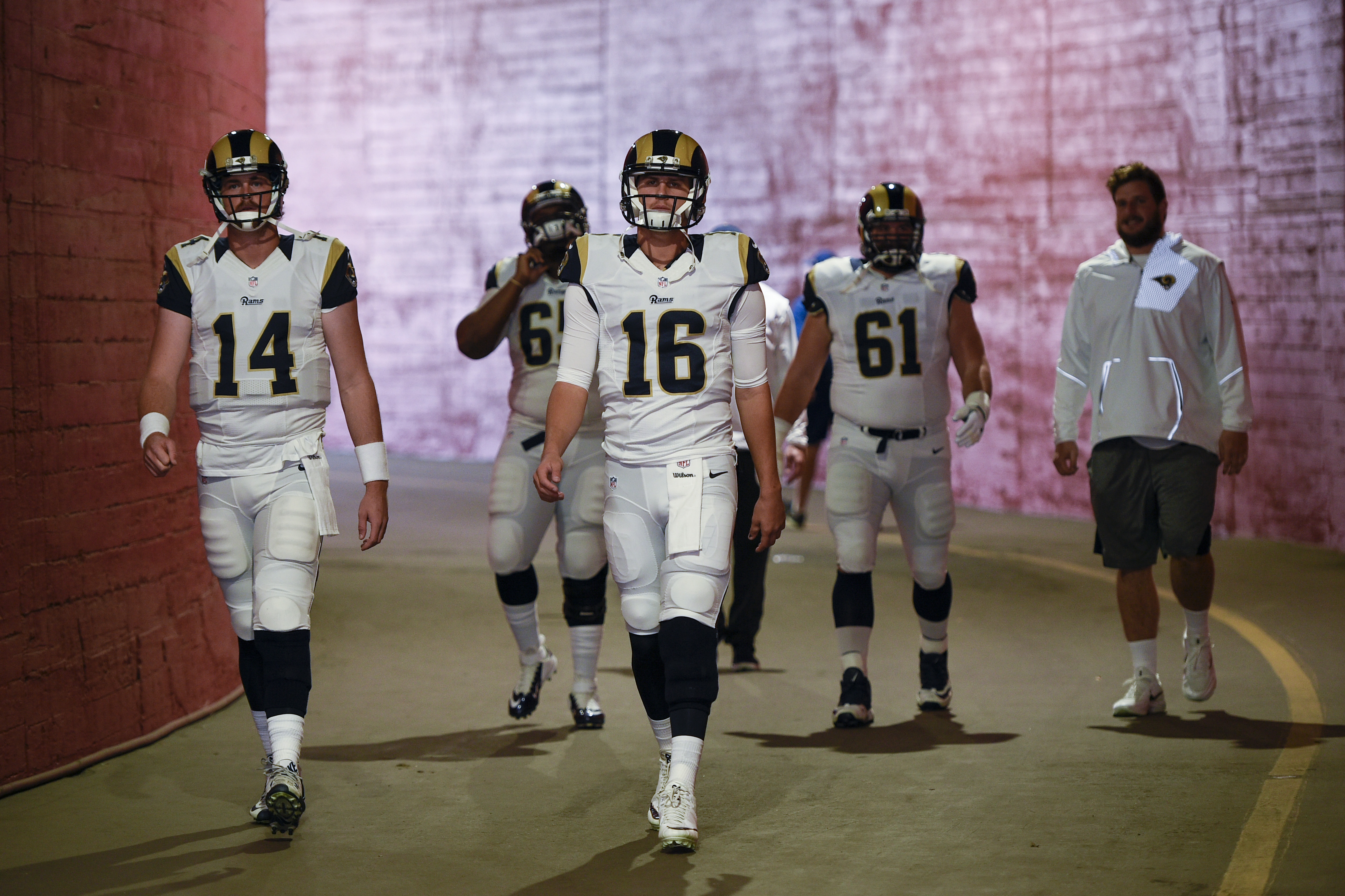 Jan 1, 2017; Los Angeles, CA, USA; Los Angeles Rams quarterback Jared Goff (16) walks to the field prior to the game against the Arizona Cardinals at Los Angeles Memorial Coliseum. Mandatory Credit: Kelvin Kuo-USA TODAY Sports