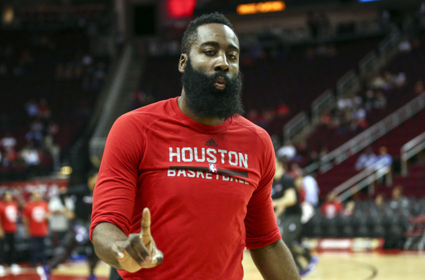 Jan 31, 2017; Houston, TX, USA; Houston Rockets guard James Harden (13) warms up before a game against the Sacramento Kings at Toyota Center. Mandatory Credit: Troy Taormina-USA TODAY Sports