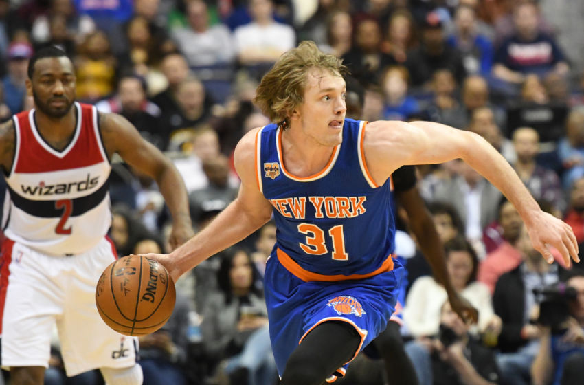 Jan 31, 2017; Washington, DC, USA; New York Knicks guard Ron Baker (31) dribbles up the court past Washington Wizards guard John Wall (2) during the second quarter at Verizon Center. Mandatory Credit: Tommy Gilligan-USA TODAY Sports