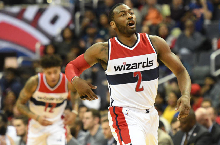 Jan 31, 2017; Washington, DC, USA; Washington Wizards guard John Wall (2) reacts after making a basket during the second quarter against the New York Knicks at Verizon Center. Mandatory Credit: Tommy Gilligan-USA TODAY Sports
