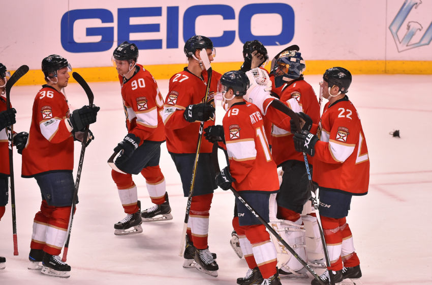 Jan 31, 2017; Sunrise, FL, USA; Florida Panthers teammates celebrate defeating the Ottawa Senators 6-5 at BB&T Center. Mandatory Credit: Jasen Vinlove-USA TODAY Sports