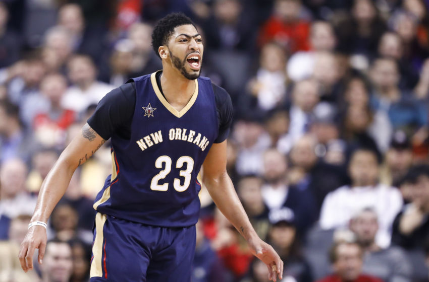 Jan 31, 2017; Toronto, Ontario, CAN; New Orleans Pelicans forward Anthony Davis (23) reacts to a call during the second half at an NBA game against the Toronto Raptors at Air Canada Centre. The Raptors won 108-106 in overtime. Mandatory Credit: Kevin Sousa-USA TODAY Sports