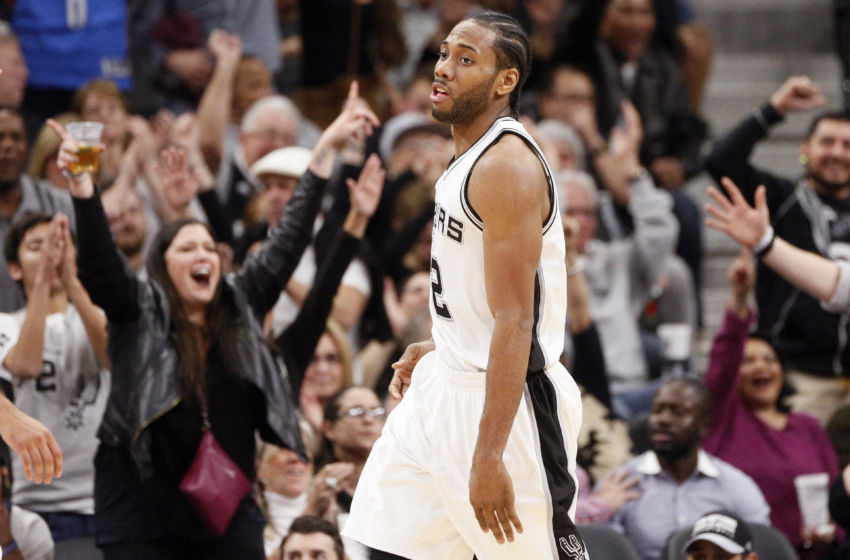 Jan 31, 2017; San Antonio, TX, USA; San Antonio Spurs small forward Kawhi Leonard (2) reacts after a shot during the second half against the Oklahoma City Thunder at AT&T Center. Mandatory Credit: Soobum Im-USA TODAY Sports