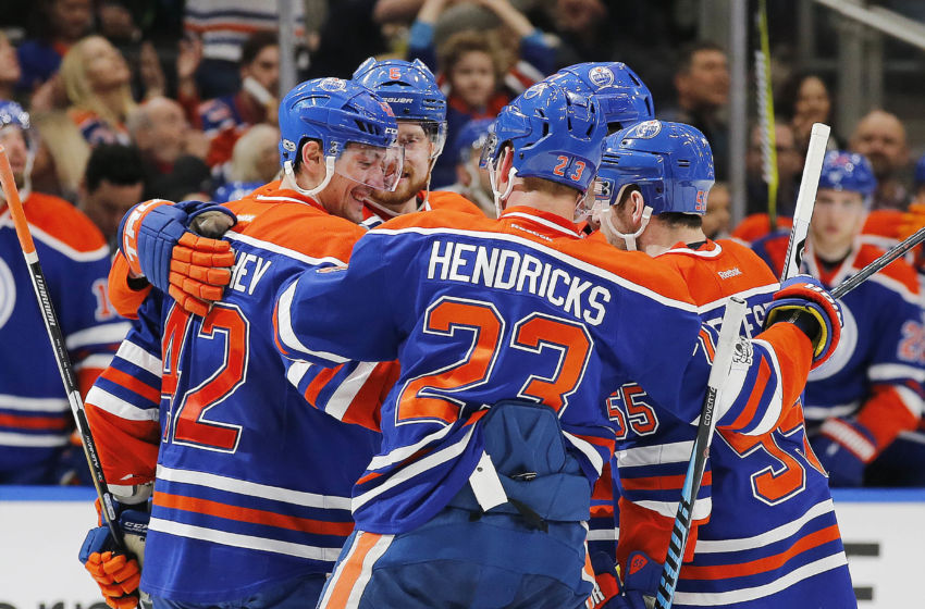 Vegas Golden Knights: The Edmonton Oilers celebrate a second period goal by forward Anton Slepyshev (42) against the Minnesota Wild at Rogers Place. Mandatory Credit: Perry Nelson-USA TODAY Sports