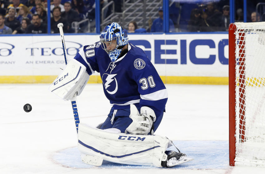 Jan 31, 2017; Tampa, FL, USA;Tampa Bay Lightning goalie Ben Bishop (30) makes a save against the Boston Bruins during the third period at Amalie Arena.Boston Bruins defeats the Tampa Bay Lightning 4-3. Mandatory Credit: Kim Klement-USA TODAY Sports