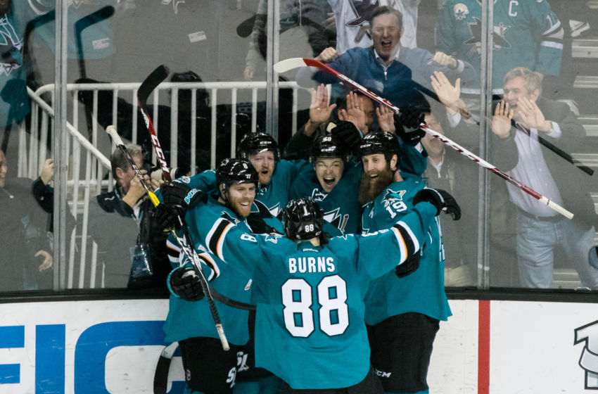 Jan 31, 2017; San Jose, CA, USA; San Jose Sharks center Tomas Hertl (48) celebrates his goal against the Chicago Blackhawks in the third period at SAP Center at San Jose. The Sharks won 3-1. Mandatory Credit: John Hefti-USA TODAY Sports