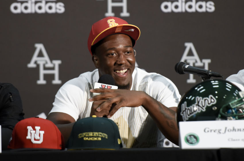 Feb 1, 2017; Los Angeles, CA, USA; Greg Johnson announces that he will sign with USC at Augustus Hawkins High School. Mandatory Credit: Kelvin Kuo-USA TODAY Sports