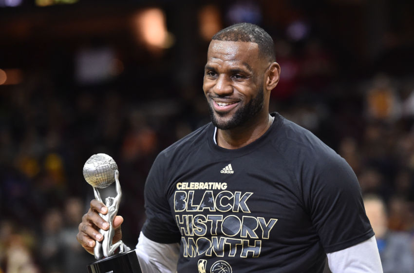 Feb 1, 2017; Cleveland, OH, USA; Cleveland Cavaliers forward LeBron James (23) accepts the NAACP Jackie Robinson sports award before the game between the Cleveland Cavaliers and the Minnesota Timberwolves at Quicken Loans Arena. Mandatory Credit: Ken Blaze-USA TODAY Sports