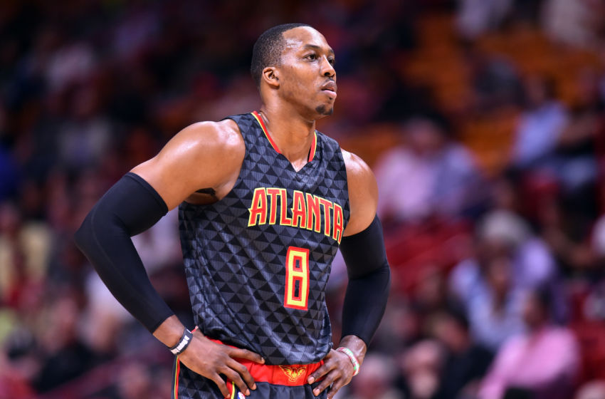 Feb 1, 2017; Miami, FL, USA; Atlanta Hawks center Dwight Howard (8) looks on from the court during the first half against the Miami Heat at American Airlines Arena. Mandatory Credit: Steve Mitchell-USA TODAY Sports