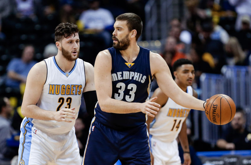 Feb 1, 2017; Denver, CO, USA; Denver Nuggets center Jusuf Nurkic (23) guards Memphis Grizzlies center Marc Gasol (33) in the first quarter at the Pepsi Center. Mandatory Credit: Isaiah J. Downing-USA TODAY Sports