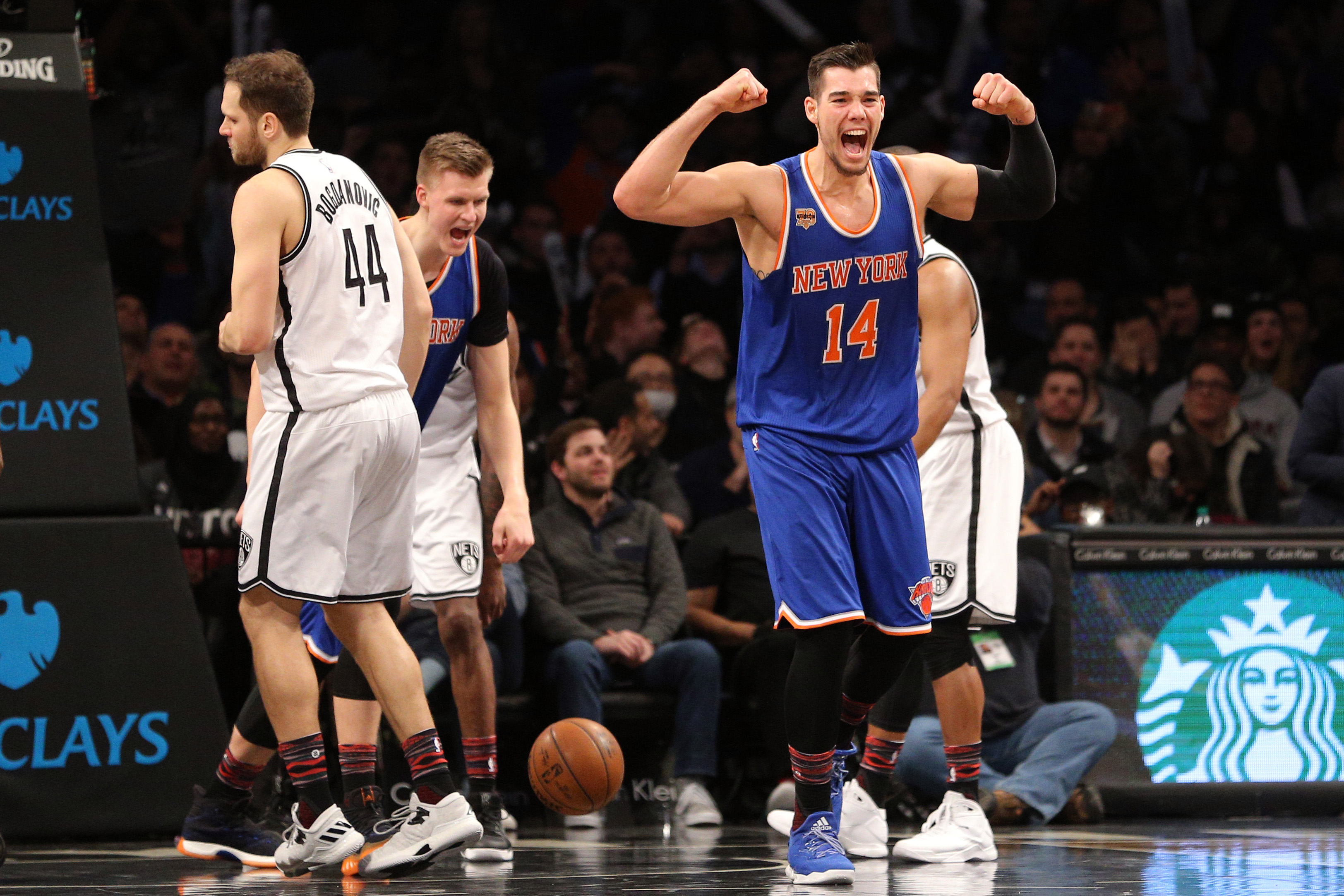 Feb 1, 2017; Brooklyn, NY, USA; New York Knicks center Willy Hernangomez (14) reacts during the fourth quarter against the Brooklyn Nets at Barclays Center. Mandatory Credit: Brad Penner-USA TODAY Sports
